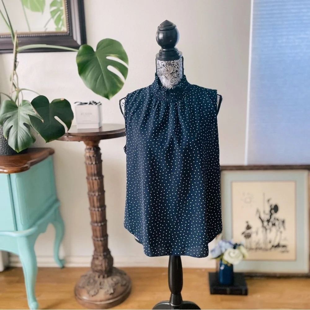 Sleeveless Ruffle Mockneck Polka Dot Tank Blouse in White / Navy - Picture 2 of 6
